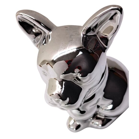French Bulldog Figurine Set Of 2 Frenchie Dog Puppy Ceramic Silver Mirror Chrome - Picture 10 of 11